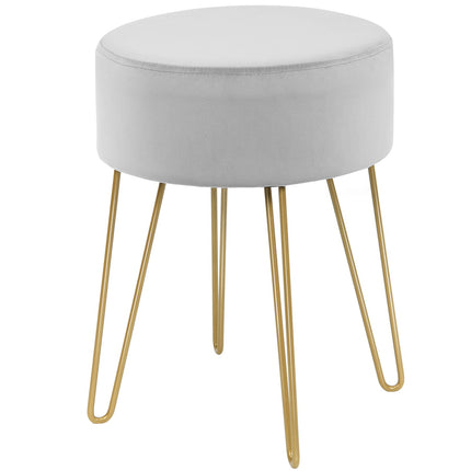 Velvet Ottoman with Metal Legs – Round Gray Footstool