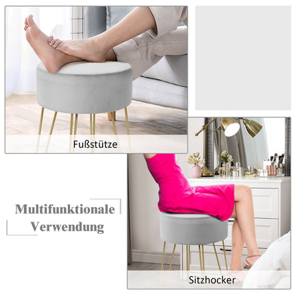 Velvet Ottoman with Metal Legs – Round Gray Footstool
