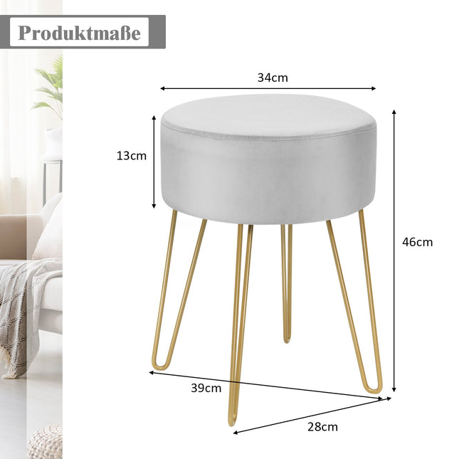 Velvet Ottoman with Metal Legs – Round Gray Footstool