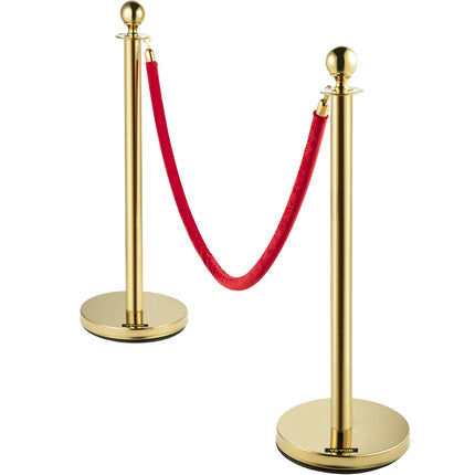Velvet Rope Stanchion Set, Gold Posts, 5 Ft Red Rope, 4-Pack