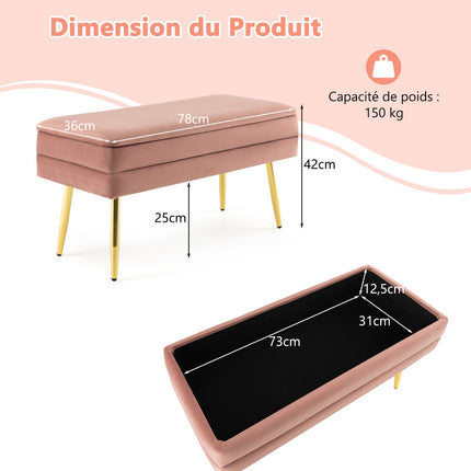 Velvet Storage Bench With Metal Legs, Pink 78 cm