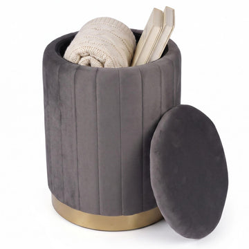 Velvet Storage Stool with Gold Base, Dark Gray, 42x32 cm