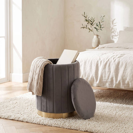Velvet Storage Stool with Gold Base, Dark Gray, 42x32 cm