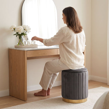 Velvet Storage Stool with Gold Base, Dark Gray, 42x32 cm