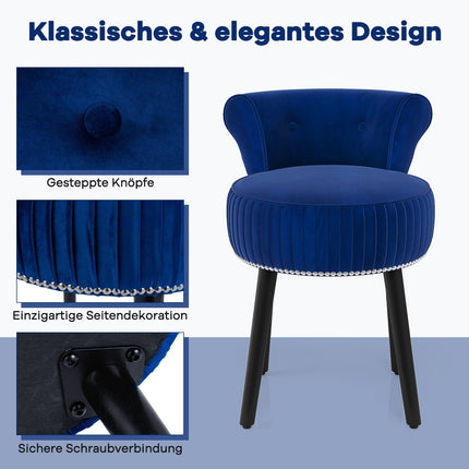Velvet Vanity Chair with Tufted Back and Wood Legs, Blue