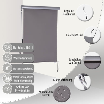 Balcony awning with hand crank, grey, 100x140cm, wind and privacy protection