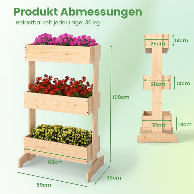 Vertical Garden Planter with 3 Tiers, Pine Wood, 69x39x109 cm