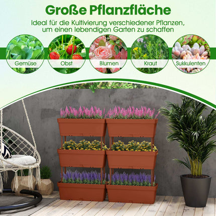 Vertical Planter Box Set with Drainage, 6 Pieces, Brown