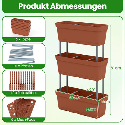 Vertical Planter Box Set with Drainage, 6 Pieces, Brown