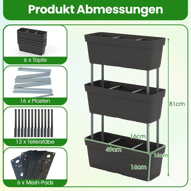 Vertical Planter Set with Drainage, 6 Black Boxes