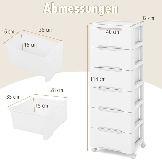 Vertical Storage Cabinet with 7 Drawers, White, Mobile
