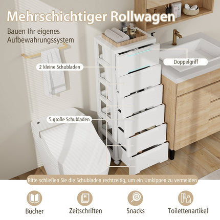 Vertical Storage Cabinet with 7 Drawers, White, Mobile