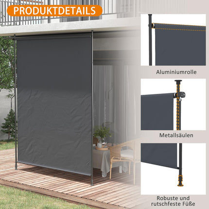 Verticale luifel 200 x 292 cm, verticaal uitschuifbaar met verstelbare zonwering van grijs aluminium voor terrassen en balkons