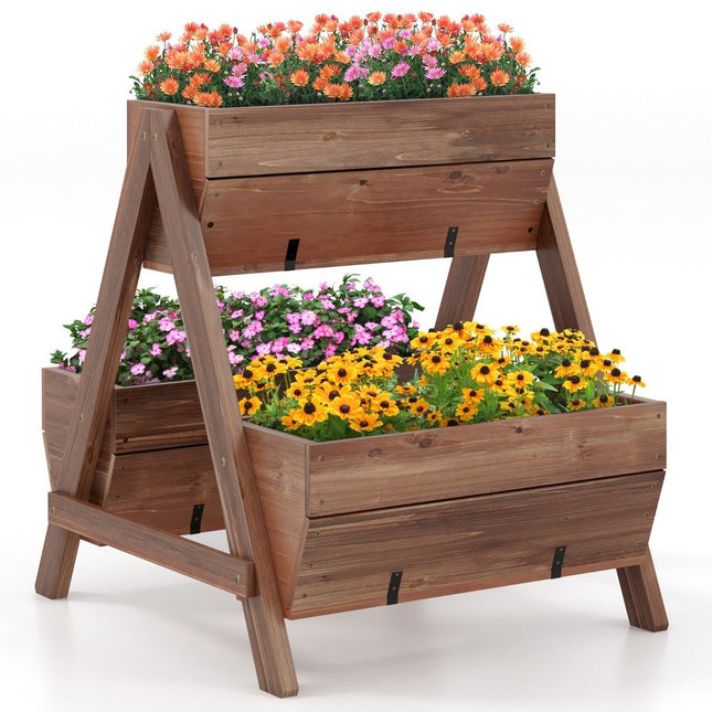 Vertical raised bed with 2 levels & 3 plant boxes & drainage holes flower bed 66 x 73 x 73 cm brown