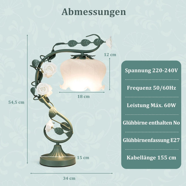Vintage Bedside Lamp with Lily Glass Shade & Ceramic Roses