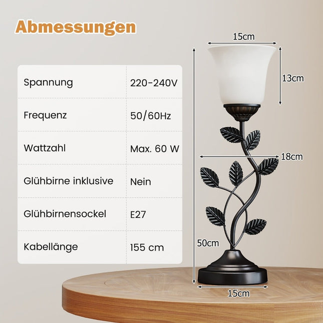 Vintage Bedside Lamp with Tulip Glass Shade & Metal Leaves