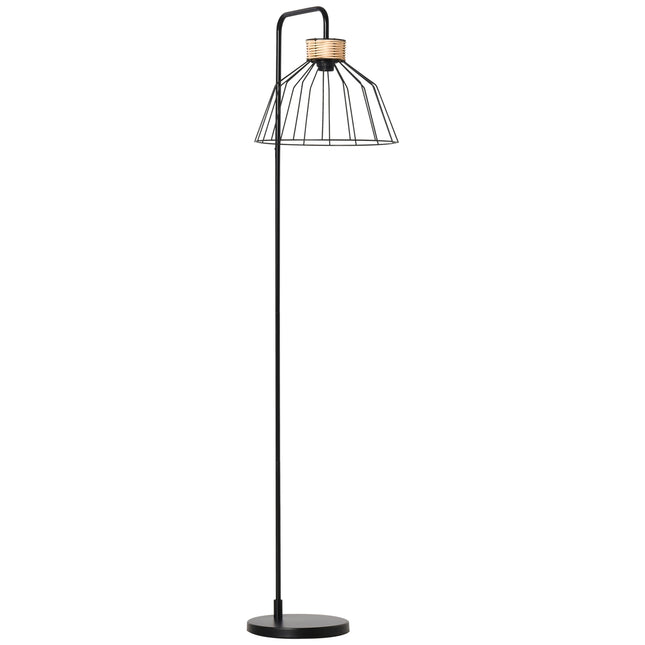 Vintage floor lamp with E27 socket, metal & rattan, black