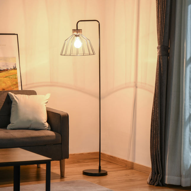 Vintage floor lamp with E27 socket, metal & rattan, black
