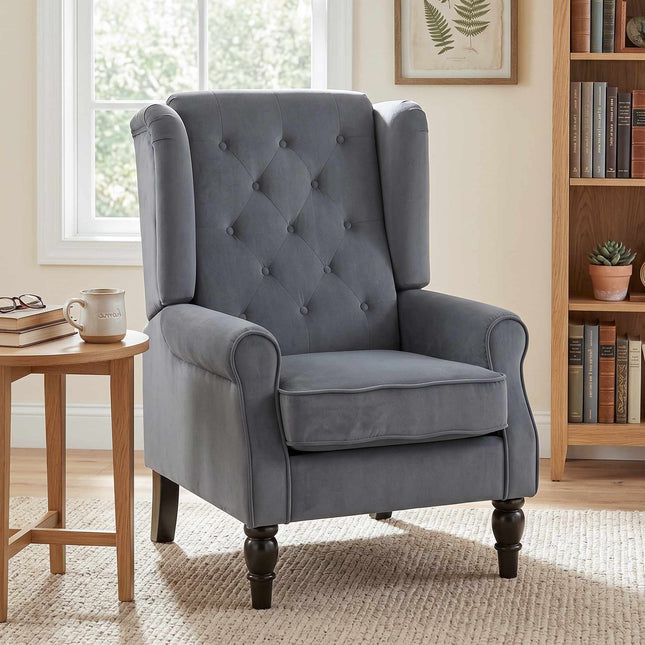 Vintage Tufted Wingback Armchair, Grey Velvet, 74x86x102 cm