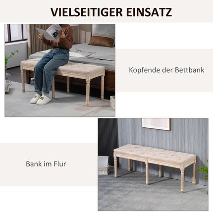 Beige upholstered vintage bench, linen look, 117x40x48Cm