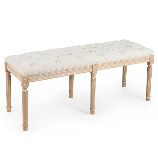 Vintage Upholstered Bench, 120cm, Rubberwood Legs, Beige