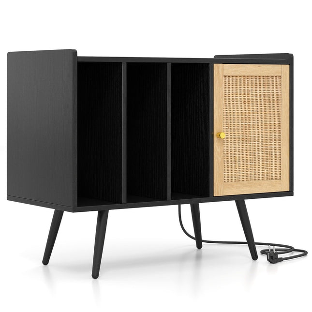 Vinyl Record Player Stand with Charging Station, Black