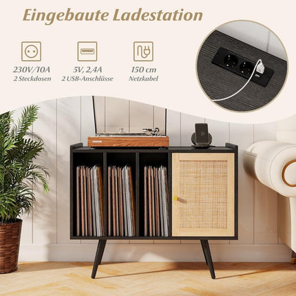 Vinyl Record Player Stand with Charging Station, Black
