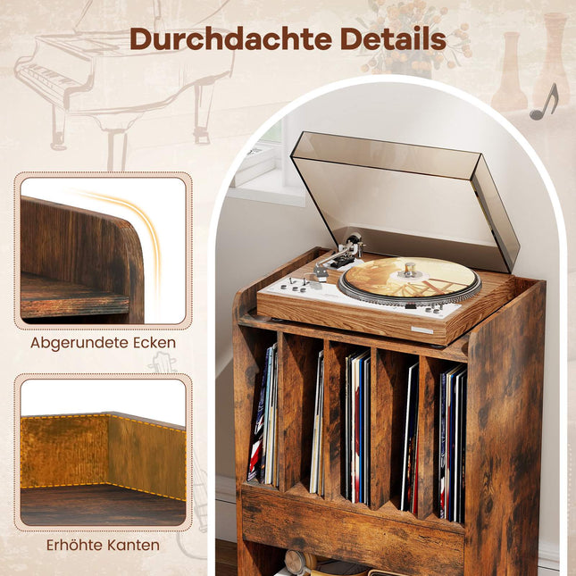 Vinyl Record Player Table with Storage, Drawer, Wheels, Brown