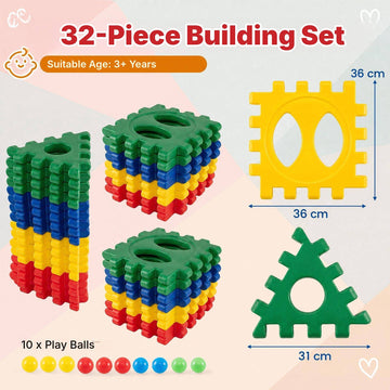 Waffle Block Building Set 32 Pieces with 10 Ocean Balls, Ages 3+, PE