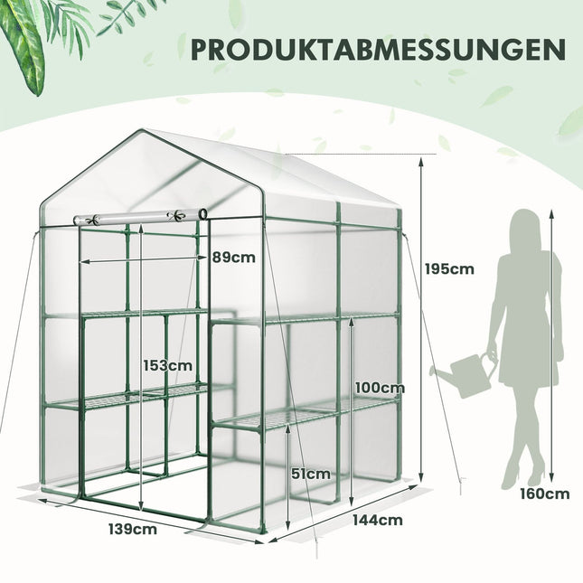 Walk-In Greenhouse with 8 Shelves, PVC Cover, 139x144x195 cm