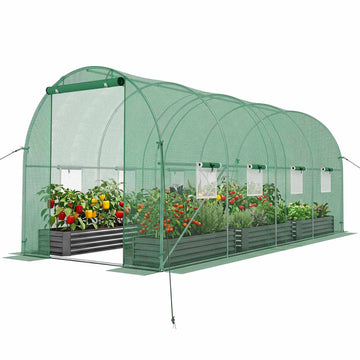 Walk-In Tunnel Greenhouse 15 x 7 x 7 ft with 8 Mesh Windows, Green, PE Cover