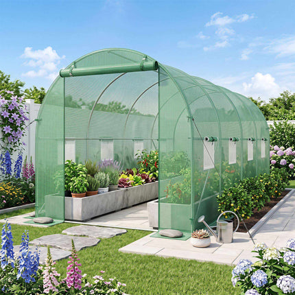 Walk-In Tunnel Greenhouse 15 x 7 x 7 ft with 8 Mesh Windows, Green, PE Cover