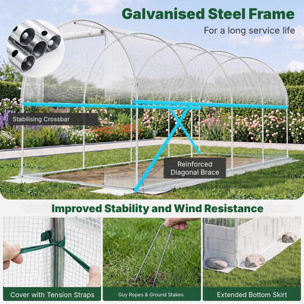 Walk-In Tunnel Greenhouse 15 x 7 x 7 ft with 8 Mesh Windows, White, PE Cover
