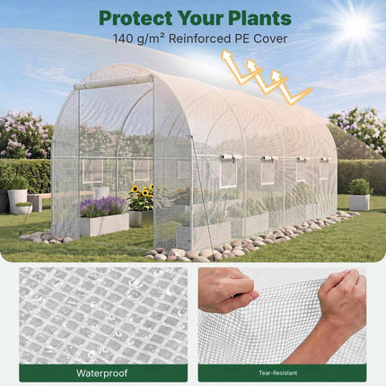 Walk-In Tunnel Greenhouse 15 x 7 x 7 ft with 8 Mesh Windows, White, PE Cover