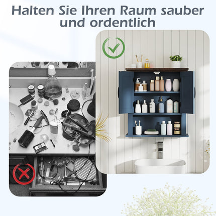 Wall Cabinet with Adjustable Shelves & Open Storage, Blue
