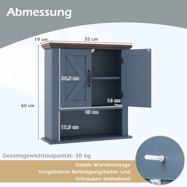 Wall Cabinet with Adjustable Shelves & Open Storage, Blue