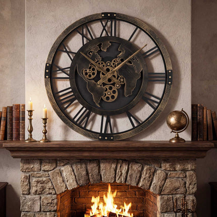 Wall Clock, 27-Inch Gear World Map, Non-Ticking Quartz