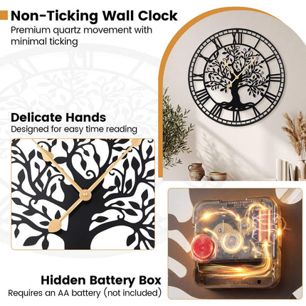 Wall Clock 27-Inch Tree of Life, Metal, Silent Quartz