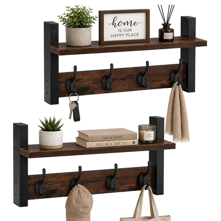 Wall Coat Rack Set of 2, Brown MDF and Iron