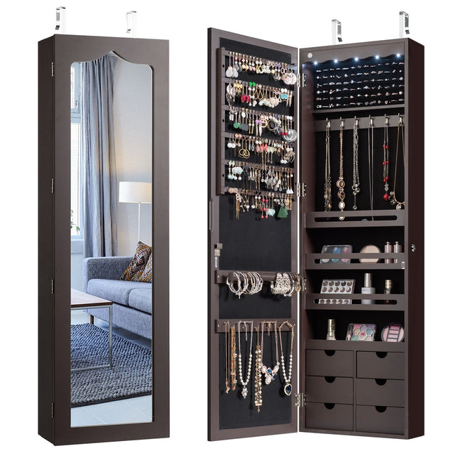 Wall/Door Jewelry Cabinet with Mirror, LED Lights, Lock