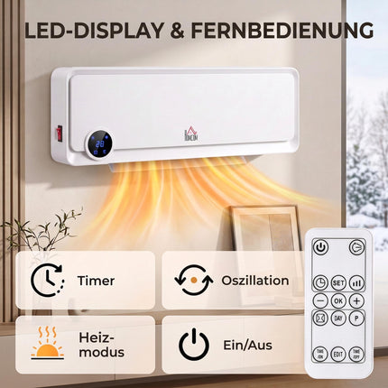 Wall Fan Heater 2000 W with Remote Control and LED Display, White, 12-Hour Timer