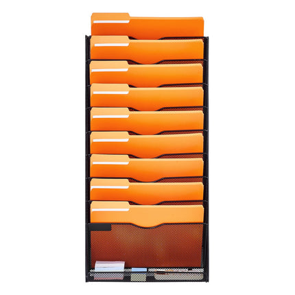 Wall File Organizer, 10-Pocket Mesh Metal Holder, Labels