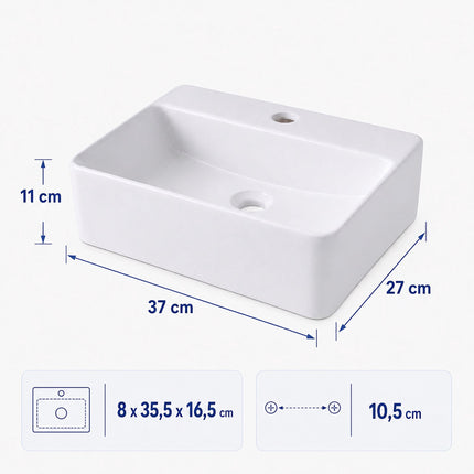 Wall-Hung Ceramic Basin with Tap Hole, 37 x 27 cm