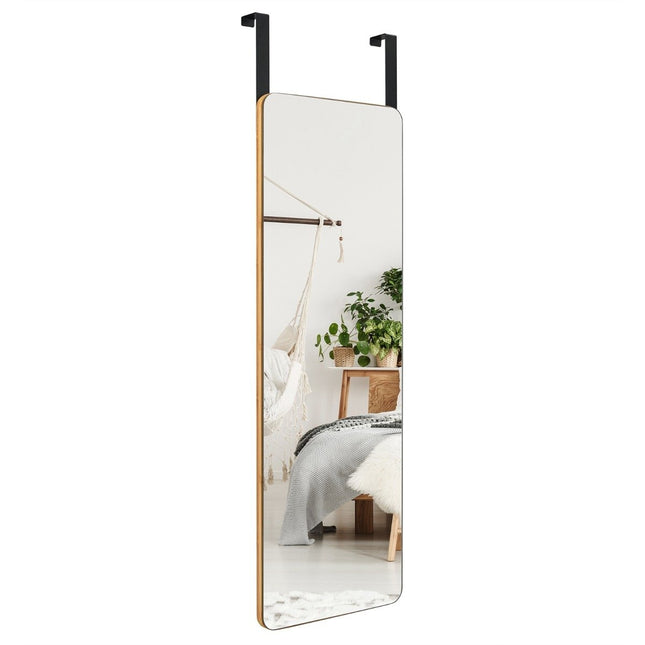 Wall Mirror with Bamboo Frame, Rounded Corners, 2 Hooks