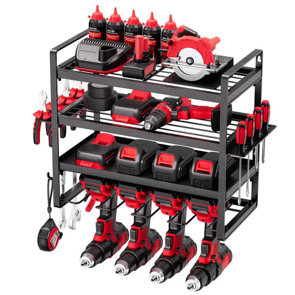 Wall-Mount Power Tool Organizer, 4-Tier, 4 Drill Slots