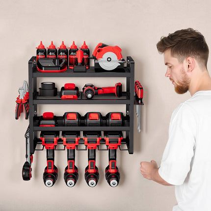 Wall-Mount Power Tool Organizer, 4-Tier, 4 Drill Slots