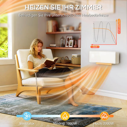 Wall-Mounted 2000W Ceramic Heater, Thermostat, Timer