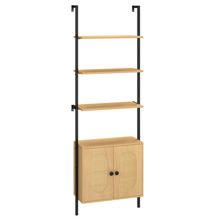 Wall-Mounted 3-Tier Bookshelf with Rattan Cabinet, 184 cm