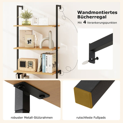 Wall-Mounted 3-Tier Bookshelf with Rattan Cabinet, 184 cm