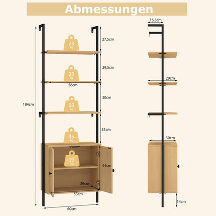 Wall-Mounted 3-Tier Bookshelf with Rattan Cabinet, 184 cm